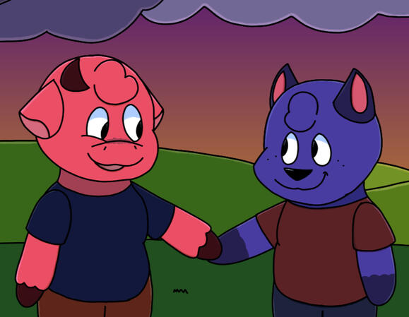 2023 - Childhood Friendship Two kids, an anthro goat with pink fur and an anthro dog with blue fur, happily holding hands as the sun sets on a grassy field.