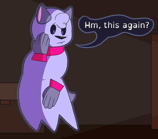 A ghostly, lavender-furred anthro dog, wearing a pink collar and cuffs on his disembodied hands floats in a dimly-lit attic, he looks at his body with a perplexed expression, saying: "Hm, this again?"