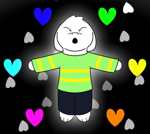 An animation of a white-furred anthro goat in a green and yellow striped sweater, silently chanting an unknown phrase in a black void. Six hearts of unique colors circle around him, with several white, upside down hearts doing the same from behind him.