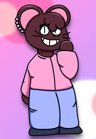 A smiling anthro mouse with dark-brown fur, wearing a pastel pink shirt and blue sweatpants, smiles warmly in a pinkish-purple background. She wears five small, spherical earrings on her right ear, the colors matching those of the transgender flag.