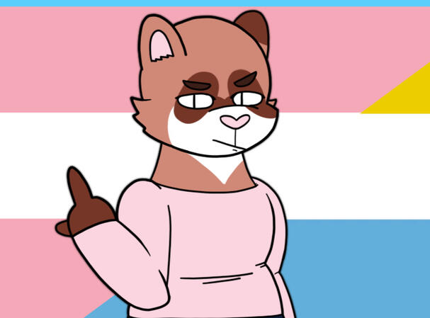 2026 - Punky Willow A drawing of an anthro ferret in a pink sweater flipping the middle finger with a stern expression, the background behind her being a combo of the transgender and aroace pride flags. Text above her reads: "We are older than your laws, and we will outlive t