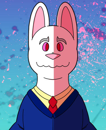 An artwork of a gently smiling, white-furred, anthropomorphic rabbit in a blue suit and red tie looking at the viewer. Behind him is a blue/cyan gradient background, and on it are two blood-like splotches, one pink and the other faded into the background.