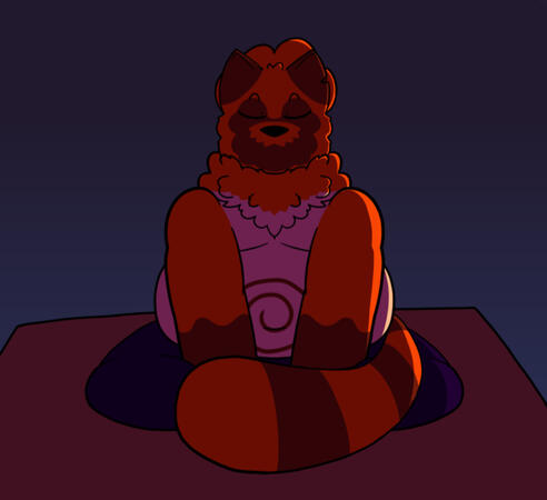 2025 - Mountain Top Tanuki (Gift Art for Yuen!) An orange-furred anthro tanuki with dark blue pants and a red spiral on his belly sits criss-cross on the top of a rocky mountain, having closed eyes and a calm expression. The sky is dark, yet illuminated by several fireworks behind the tanuki, which cast